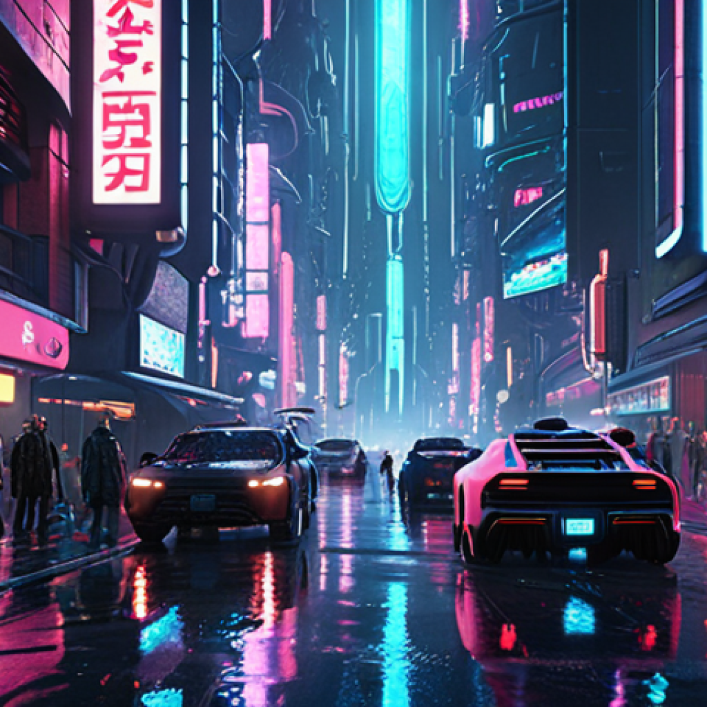 A bustling futuristic cyberpunk city at twilight, neon lights reflecting on wet streets, flying vehicles, diverse pedestrians, high detail, volumetric lighting, cinematic, 8k.