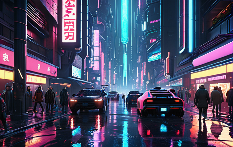 A bustling futuristic cyberpunk city at twilight, neon lights reflecting on wet streets, flying vehicles, diverse pedestrians, high detail, volumetric lighting, cinematic, 8k.