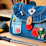 **

Upcycled denim bag with creative patches and embellishments, displayed in a bright, artistic workshop setting with various crafting tools and recycled materials in the background. Focus on texture and detail, highlighting the unique character of the repurposed denim.

**