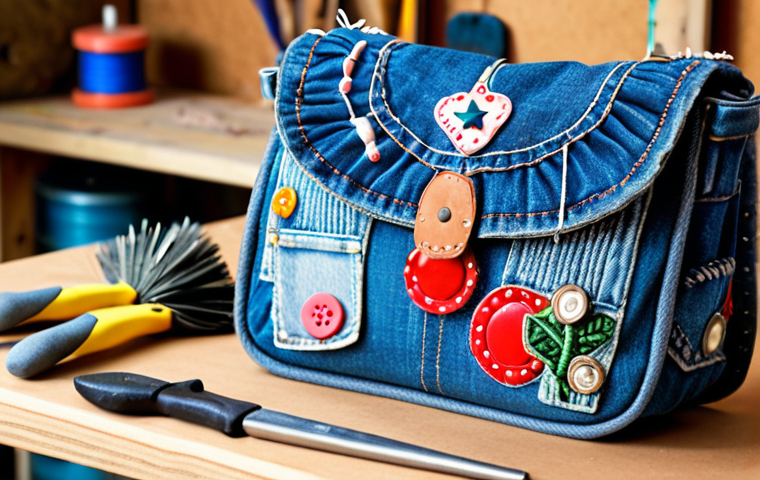**

Upcycled denim bag with creative patches and embellishments, displayed in a bright, artistic workshop setting with various crafting tools and recycled materials in the background. Focus on texture and detail, highlighting the unique character of the repurposed denim.

**